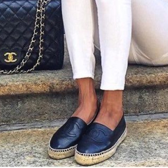 CHANEL CC Logo Black Leather Espadrille Flats EU 37 - Picture 3 of 12